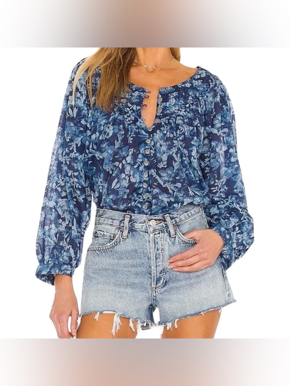 We The Free Cool Meadow Blue‎ Floral Button Flowy Top Boho Whimsical Cottagecore